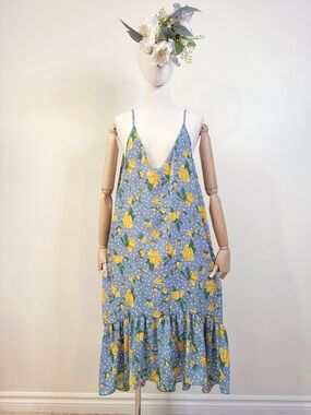Stylenanda Blue Polka Dot Yellow Rose Slip Dress
